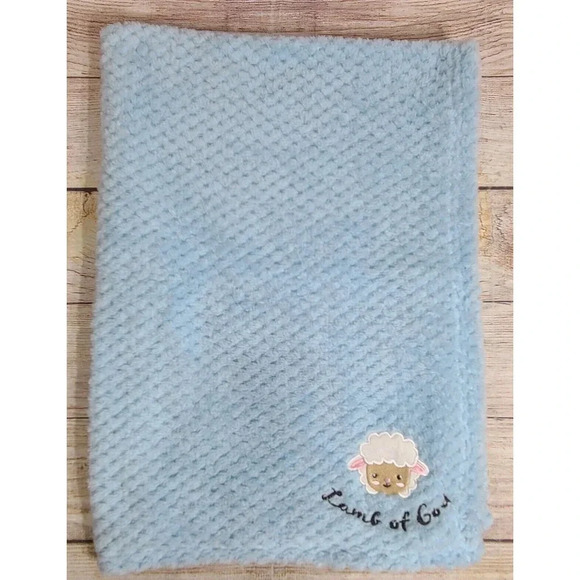 My Baby Plush Minky Lamb of God Baby Blanket Blue Christening Religious 30" - Picture 1 of 5